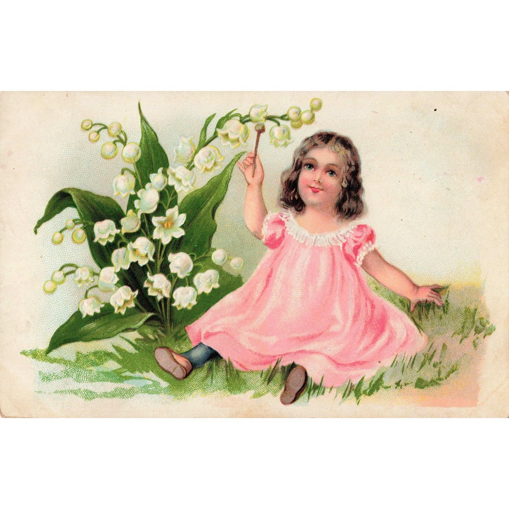 Vintage Postcard Girl Pink Dress Lily of the Valley Germany Litho VG - Picture 1 of 2